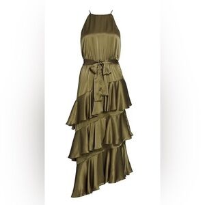Zimmerman 100% Silk Green Asymmetrical Ruffle Midi Dress.